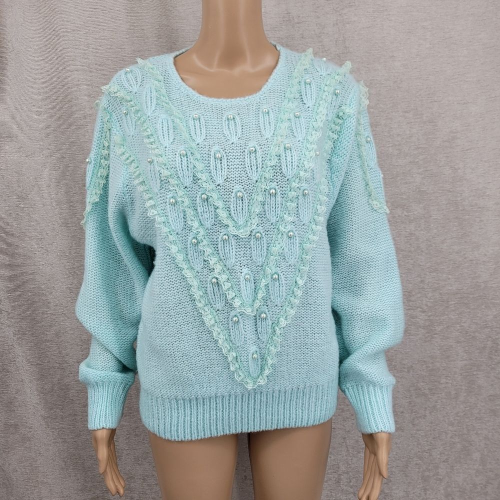 Debra Martin Vintage Women's Mint Blue Knit Sweater Lace Pearl Embellished